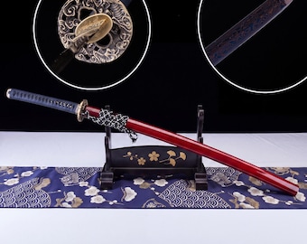 Handmade Red Dragon Katana, Damascus steel Full Tang, Clay Tempered Steel Japanese Samurai Sword, Excellent collectible, Gift for Him