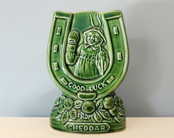 Vintage Sylvac Vase, Good Luck, Cheddar, Green Vase, Spill Vase