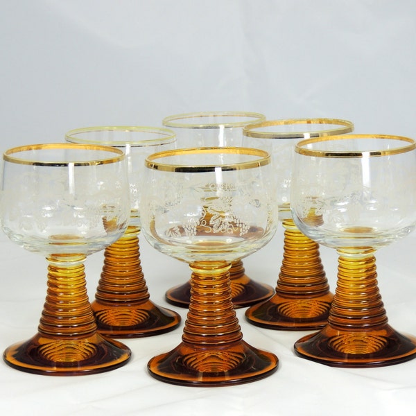 6 Amber Glass 'Luminarc' style Wine Glasses