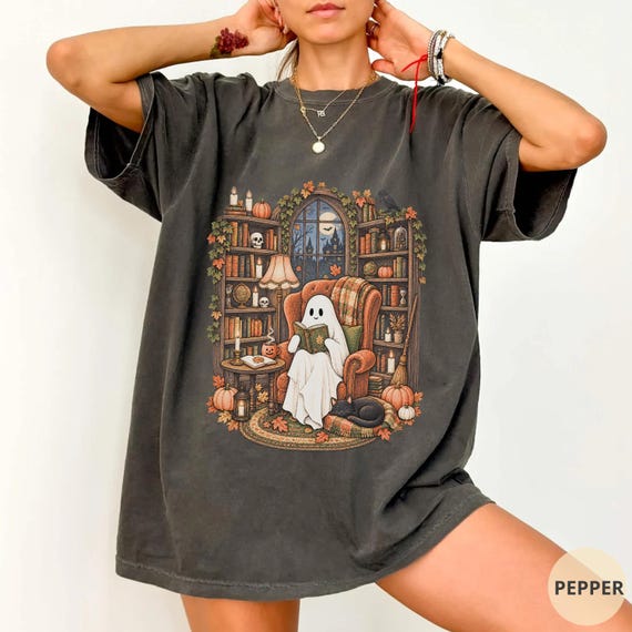 Ghost Reading Shirt, Halloween Book Lover Tee, Cozy Reader Shirt, Spooky Librarian Gift, Retro Halloween Shirt, Bookworm Gift, Fall Gift.
