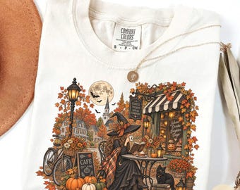 Cozy Witch Halloween Shirt, Bookish Witch Coffee Tee, Vintage Autumn Cafe Shirt, Spooky Fall Comfort Colors T-Shirt,Autumn Coffee Lover Gift