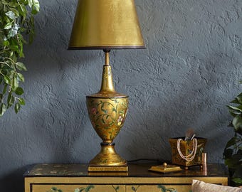 Tall Floral Chinoiserie Bedside Lamp, Antique Gold Leaf Metal Lamp, Luxury Oriental Home Decor