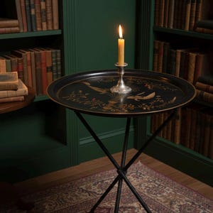 foldable Iron Tripod Accent Table | Vintage Hand-Painted Side Stand, Brass Knob