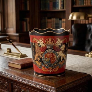 Op de afbeelding: Een cilindrische prullenbak met een geschulpte bovenrand en een rood-zwarte buitenkant. Het oppervlak is versierd met een gedetailleerd heraldisch wapenschild, inclusief een leeuw en een eenhoorn die een centraal schild met kroon flankeren.