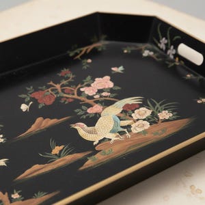 手描きの鳥のトレイ - 八角形の金属製オスマン帝国のトレイ、自然アート