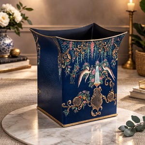 May include: A dark blue decorative wastebasket with a floral and bird design. The wastebasket has a gold trim and a textured surface. The design includes birds, flowers, and ornate gold accents.