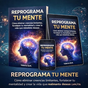 May include: A book, tablet, and smartphone are displayed, each showing the title "REPROGRAM YOUR MIND". The book and tablet share a cover design: a blue and gold illustration of a person's profile with a galaxy-like brain. The phone displays a smaller version of the same image.