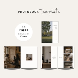 May include: A digital photobook template featuring 80 pages editable in Canva. The layout includes a cover titled Volume One, and interior spreads displaying photographs of people in a cafe, a coffee setup, and train station platforms.
