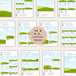 May include: A collection of product catalog templates in A4 and U.S. Letter sizes. The templates feature a landscape design with green hills, blue skies, and white clouds. The templates are designed for product categories.