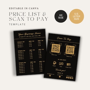 Puede incluir: Una plantilla de lista de precios en negro y dorado con el texto "Price List & Scan to Pay". Incluye opciones para tamaños A4 y U.S. Letter. La plantilla presenta un nombre comercial, categorías de servicios y códigos QR.