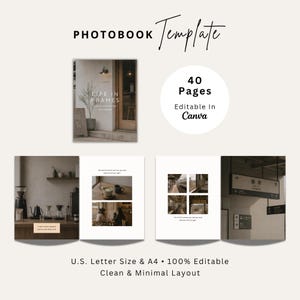 Könnte beinhalten: Eine 40-seitige Fotobuch-Vorlage, bearbeitbar in Canva, mit einem klaren Layout für U.S. Letter und A4-Formate. Das Design enthält Beispiel-Fotografien von Café-Interieurs, Bahnhöfen und Beschilderungen mit dem Text Life in Frames.