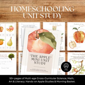 May include: Homeschooling unit study with apple-themed educational materials. Includes worksheets on apple anatomy, life cycle, and a morning basket activity. Features watercolor illustrations of apples and related text.