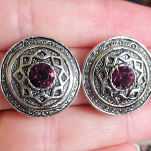 Vintage 80&#39;s round purple crystal clip on earrings silver tone clips non-pierced (12587)