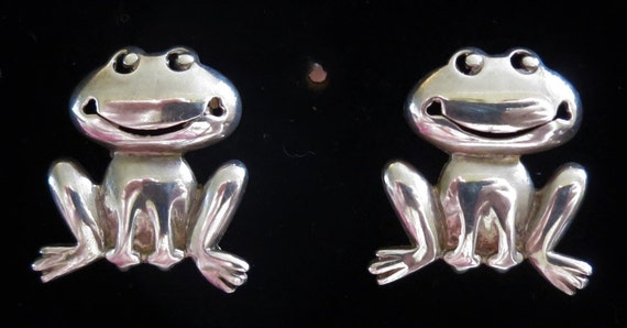 Vintage 80's lg sterling silver frog stud earring… - image 3