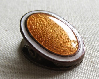 Edwardian small oval orange and white guilloche enamel tie clip brass (10282)