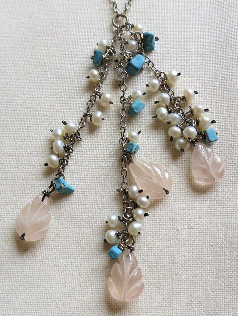 Sterling silver multi-gem gemstone beaded drops necklace 16 fresh water pearl howlite carved rose quartz 925 18683