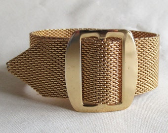 Vintage 70er Jahre Mesh Schnalle Armband verstellbar goldfarben (10141)