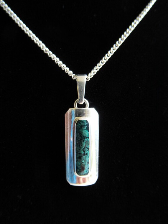 Vintage 70's malachite chip rectangular sterling … - image 3