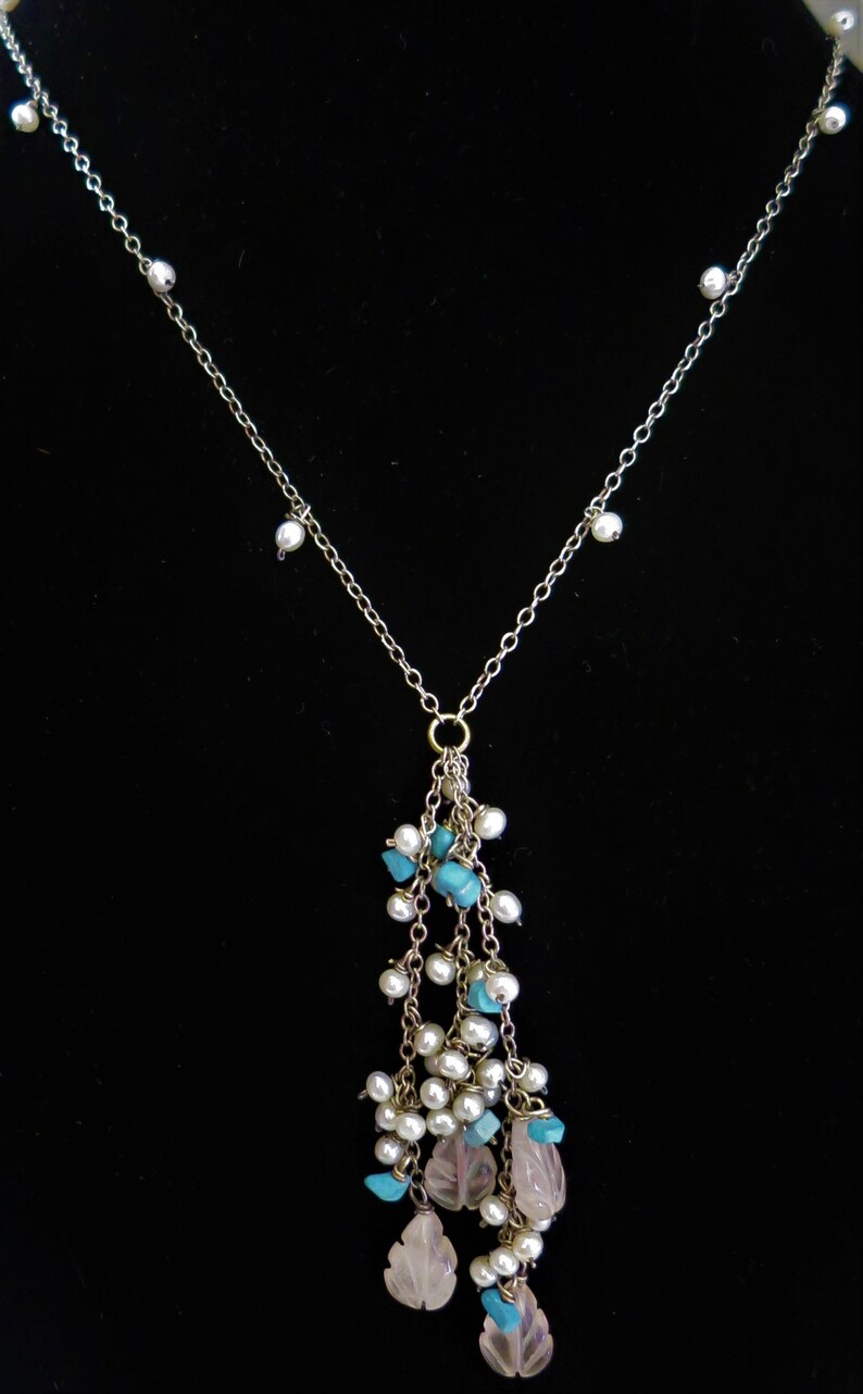 Sterling silver multi-gem gemstone beaded drops necklace 16 fresh water pearl howlite carved rose quartz 925 18683