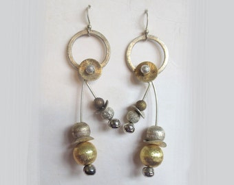 Vintage 80's sterling silver Avant Garde beaded drop dangle earrings gold plated statement unusual 925 (25018)