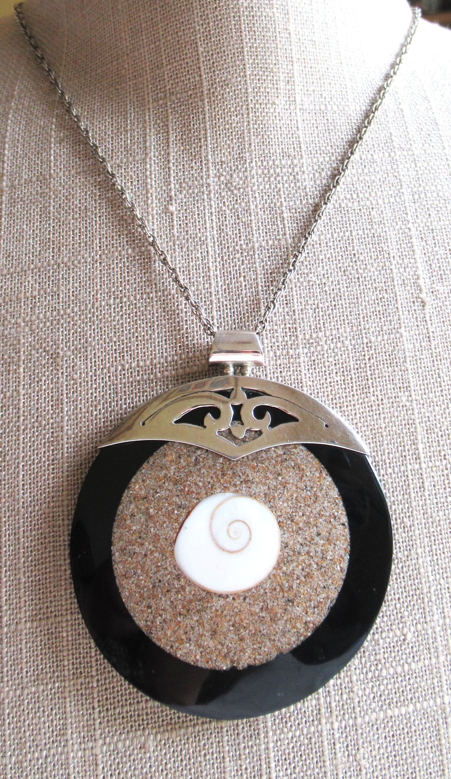 Vintage 90's Sterling Silver Large Round Shell Resin Pendant
