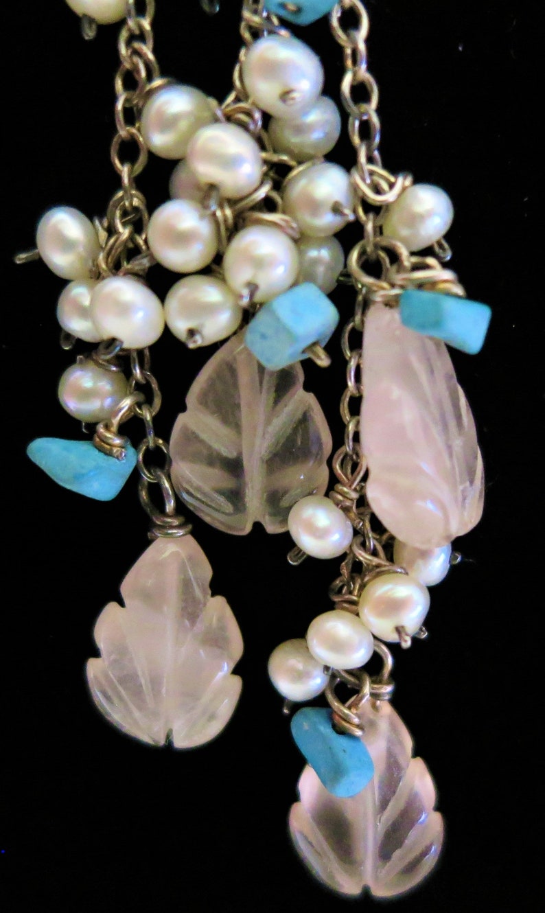 Sterling silver multi-gem gemstone beaded drops necklace 16 fresh water pearl howlite carved rose quartz 925 18683
