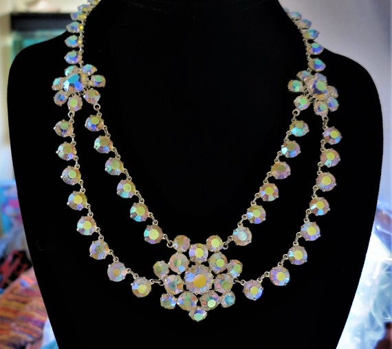 Vintage 50's bezel set aurora borealis crystal rhi
