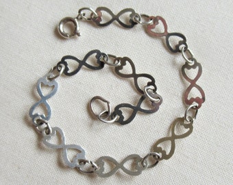 Vintage 80's sterling silver linked hearts chain bracelet 7" love Valentine 925 (21537)