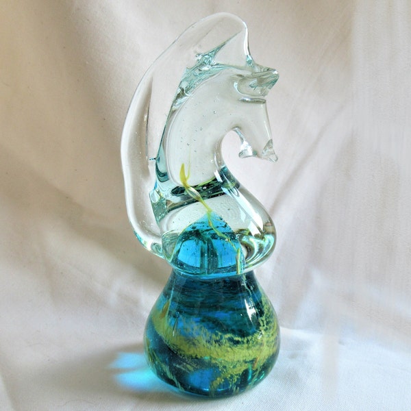 Vintage 70's Mdina glass seahorse paperweight blue and yellow swirl signed Malta (25235)