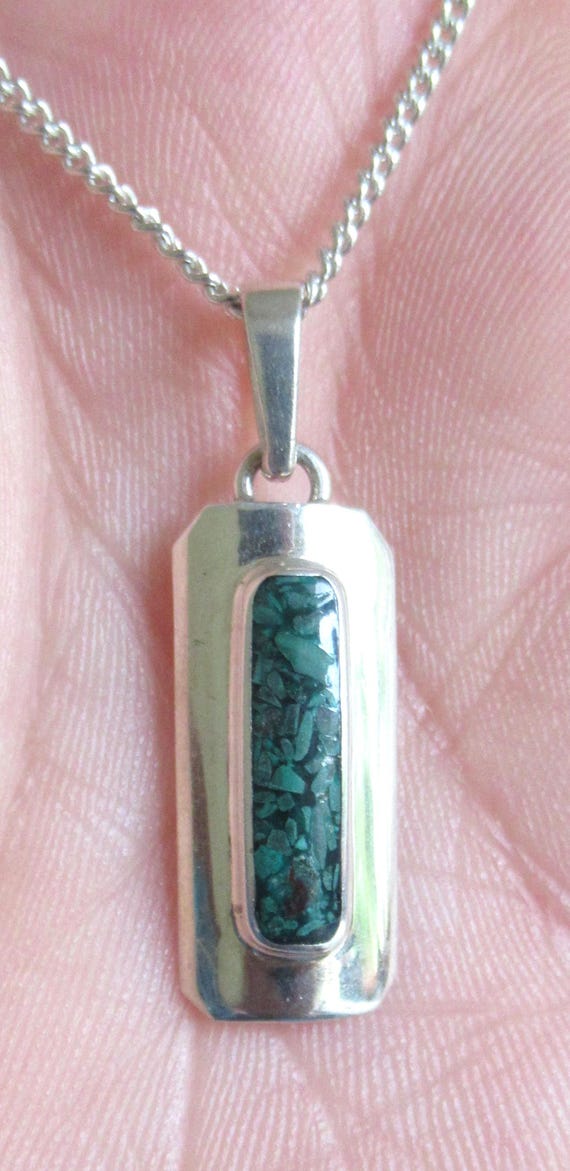 Vintage 70's malachite chip rectangular sterling … - image 2