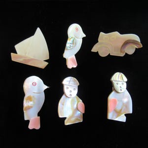 6 x Vintage 80&#39;s carved mother of pearl and abalone shell scatter pins brooch pin job lot assortment (27833)