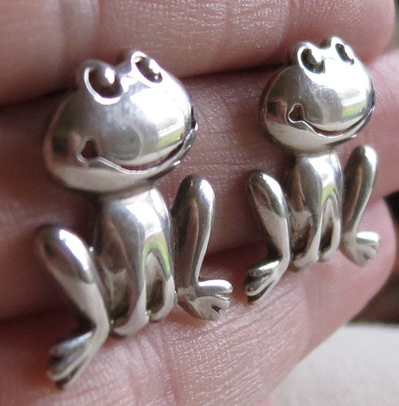 Vintage 80's lg sterling silver frog stud earring… - image 4