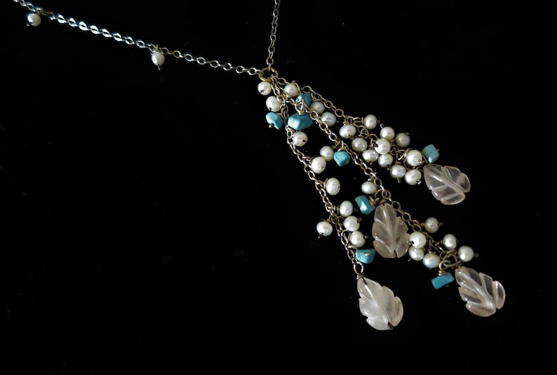 Sterling silver multi-gem gemstone beaded drops necklace 16 fresh water pearl howlite carved rose quartz 925 18683