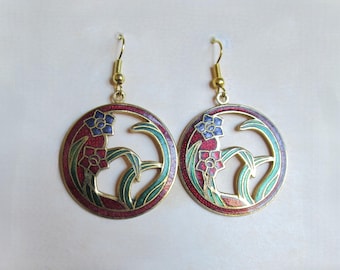 Pendientes colgantes vintage de flores de esmalte cloisonné de los años 80 en tono dorado (12096)