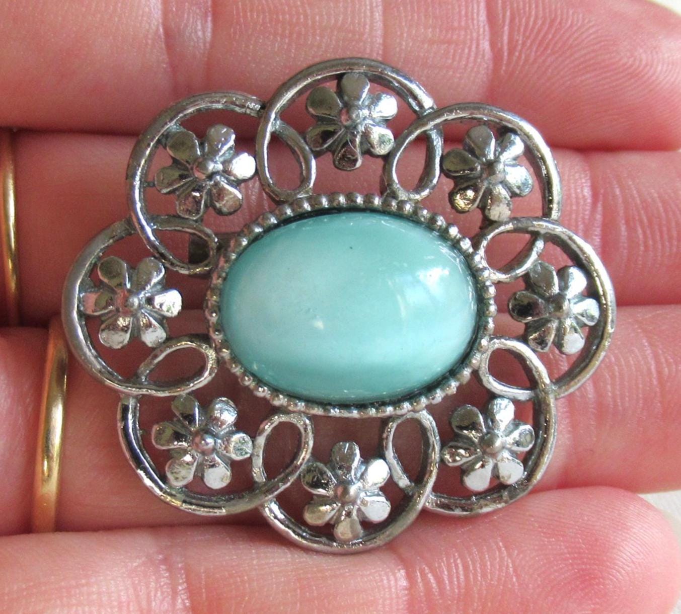 ヴィンテージ 1970年代 ミントグリーン ガラス ストーン フラワー