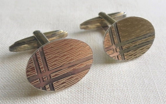Boutons De Manchette Anciens PEBON Art Déco - Or 9k, émaillés, Gravés, Forme Ovale, Occasion De Collection
