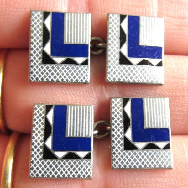 Vintage 40's Art Deco enamel cufflinks chain linked rectangular cuff links blue white and black silver tone (23402)