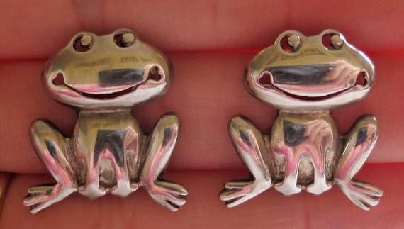 Vintage 80's lg sterling silver frog stud earring… - image 2