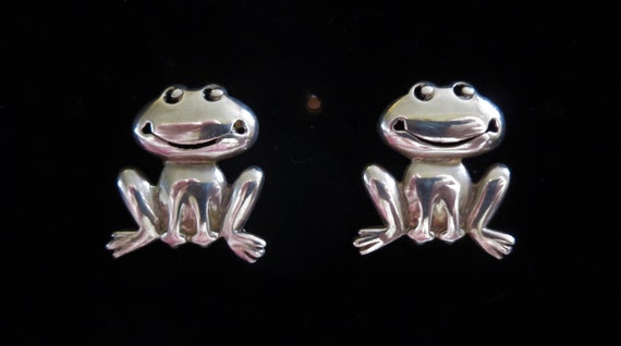Vintage 80's lg sterling silver frog stud earring… - image 1