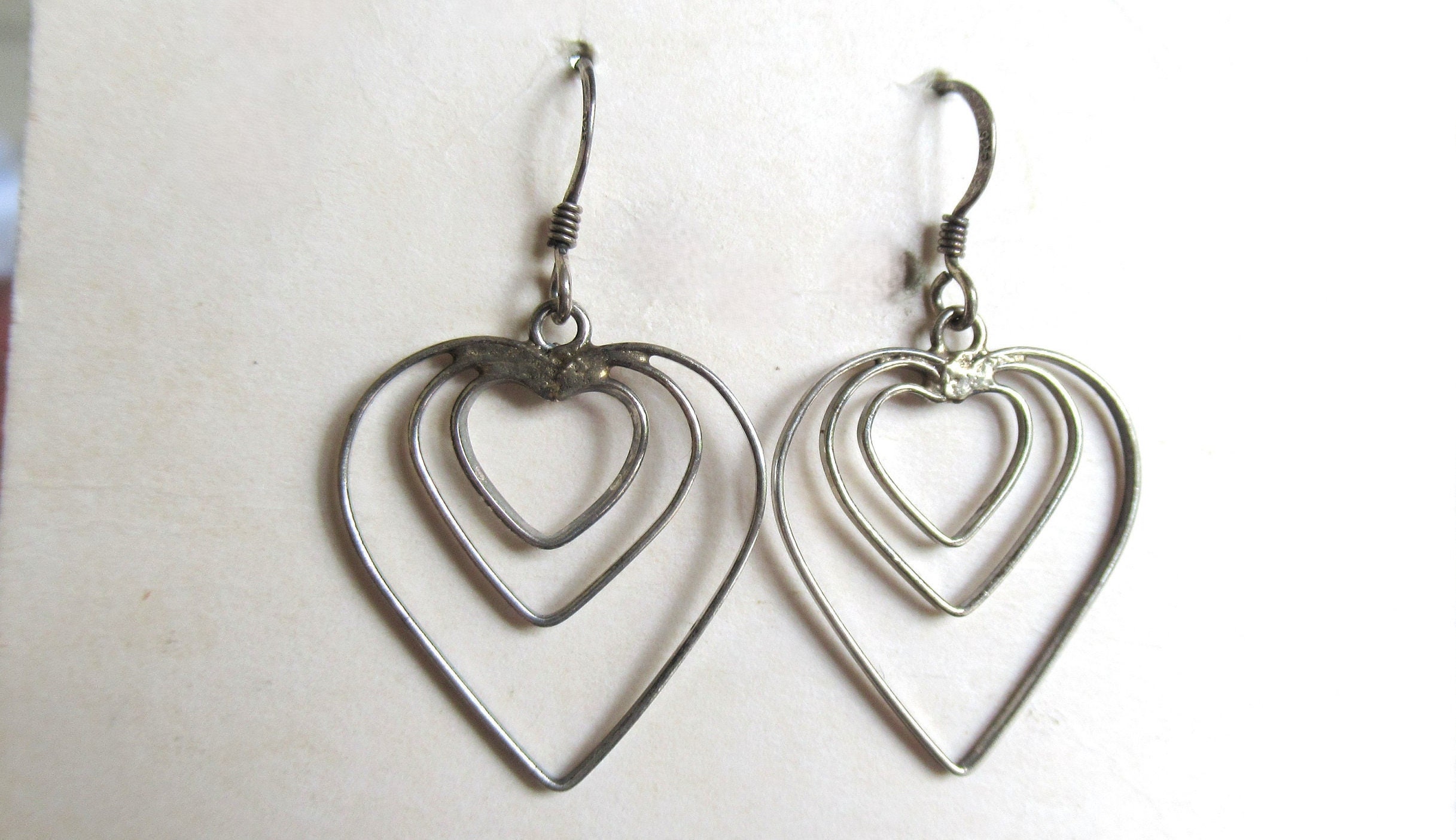 【VINTAGE HOLLYWOOD】Silver Triple Baguette Heart Earrings Vintage 90's Sterling Silver Triple Heart Drop Dangle