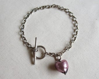 Vintage 90's sterling silver purple foiled glass heart charm drop cable chain bracelet 7.5" toggle clasp 925 (18774)