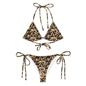 Abstract Leopard Print String Bikini, Vibrant Two Piece Swimsuit, Adjustable Art Pattern Swimwear Set