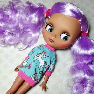 Aqua unicorns! Long sleeve top blouse jumper pullover for Pullip Obitsu 27 cm and Blythe  on Pure Neemo body and similar dolls