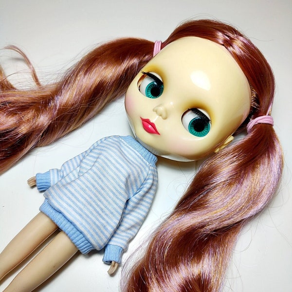 Doll clothing Blythe Neo pullover jumper top blouse long sleeve baby blue and white stripes