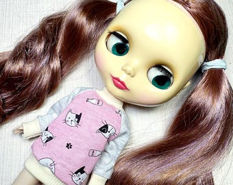 Cat print pink and grey long sleeve doll blouse
