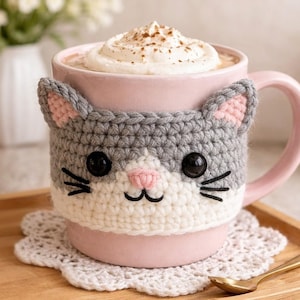 Cat Crochet Pattern for Mug PDF, Cup Sleeve Crochet Pattern, Amigurumi Crochet Mug, Beginner Pattern, Cat Lover, Cat Mom, Cat Gift, Cat Mug