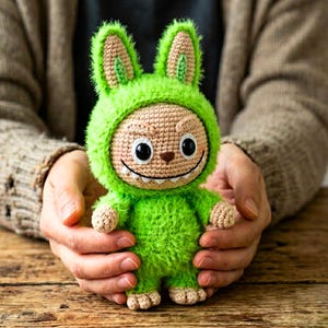 May include: A handmade crochet doll in a green monster costume with bunny ears. The doll has a tan face with black eyes and a stitched smile. The doll is held in front of a wooden table.