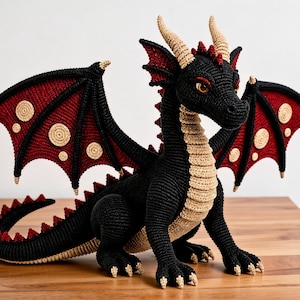 Puede incluir: Un dragón de ganchillo con cuerpo negro, vientre beige y grandes alas de tela roja oscura con detalles circulares beige. El dragón tiene dos cuernos beige, ojos naranjas y una hilera de púas rojas a lo largo de su larga cola curvada.