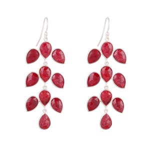 May include: A pair of drop earrings featuring multiple faceted, teardrop-shaped red stones arranged in a cascading leaf-like pattern. The stones are set in silver-toned metal frames and suspended from simple silver-toned ear wires.