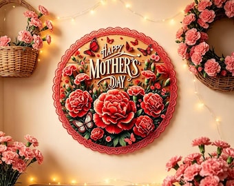 Happy Mother's Day Round Wood Door Sign Carnation Butterfly Red Lace Trim Farmhouse Floral Front Entry Wall Hanging Decor 20cm×20cm.